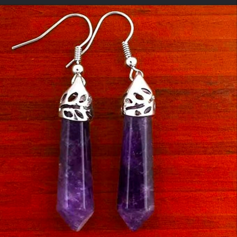 Amethyst Hexagonal Chakra Energy Healing Stone Dangle Drop Earrings NWT - Picture 2 of 2